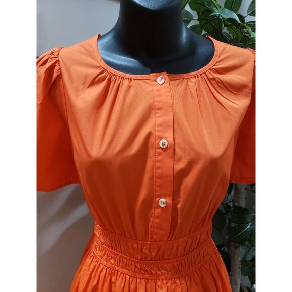 STACCATO Women's Orange Pleated Button Front Short Sleeve Long Maxi Dress Medium - Picture 15 of 16